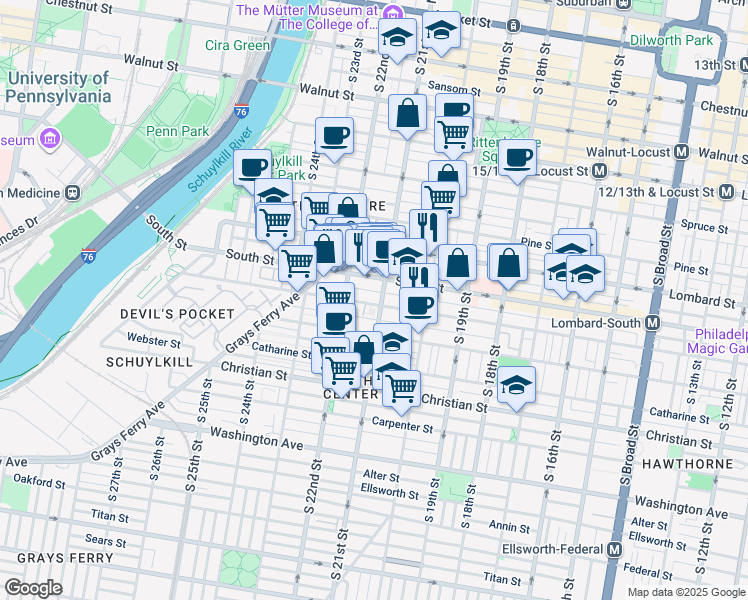 map of restaurants, bars, coffee shops, grocery stores, and more near 2107 Bainbridge Street in Philadelphia
