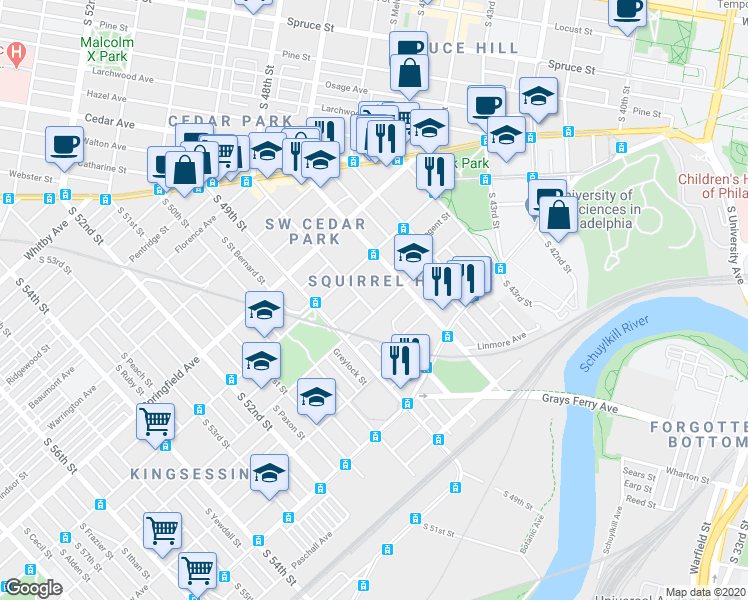 map of restaurants, bars, coffee shops, grocery stores, and more near 1115 South 48th Street in Philadelphia