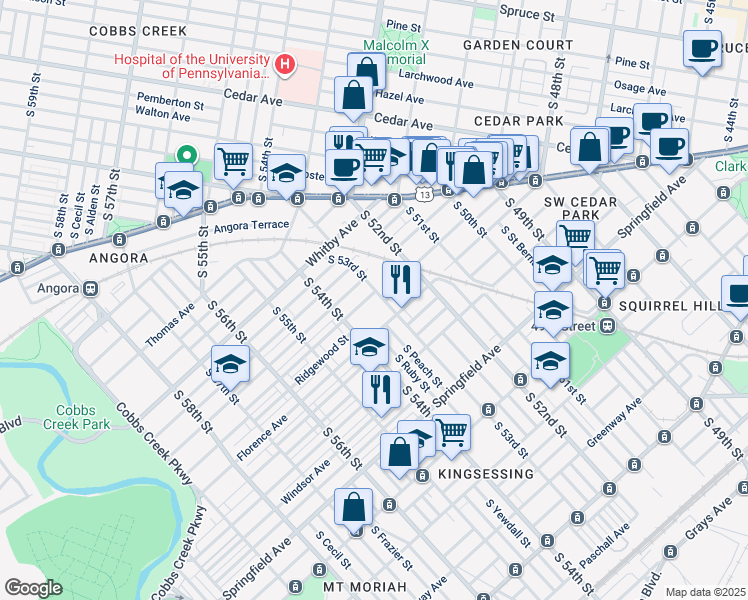 map of restaurants, bars, coffee shops, grocery stores, and more near 1017 South 53rd Street in Philadelphia