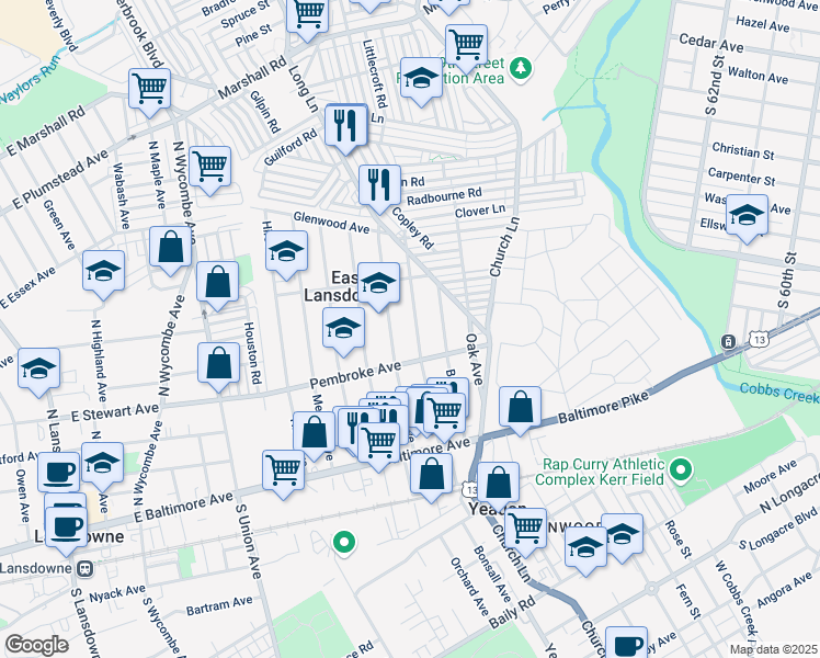 map of restaurants, bars, coffee shops, grocery stores, and more near 149 Lewis Avenue in East Lansdowne