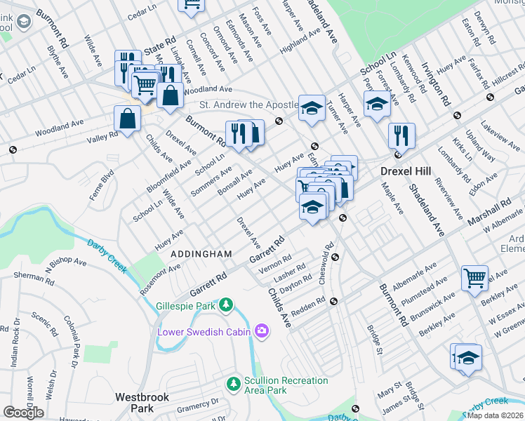 map of restaurants, bars, coffee shops, grocery stores, and more near 4009 Taylor Avenue in Drexel Hill