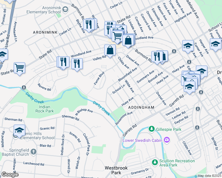 map of restaurants, bars, coffee shops, grocery stores, and more near 2 Bloomfield Avenue in Drexel Hill