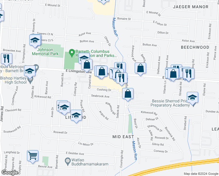 map of restaurants, bars, coffee shops, grocery stores, and more near 3631 East Livingston Avenue in Columbus