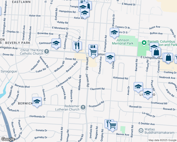 map of restaurants, bars, coffee shops, grocery stores, and more near 1263 South James Road in Columbus