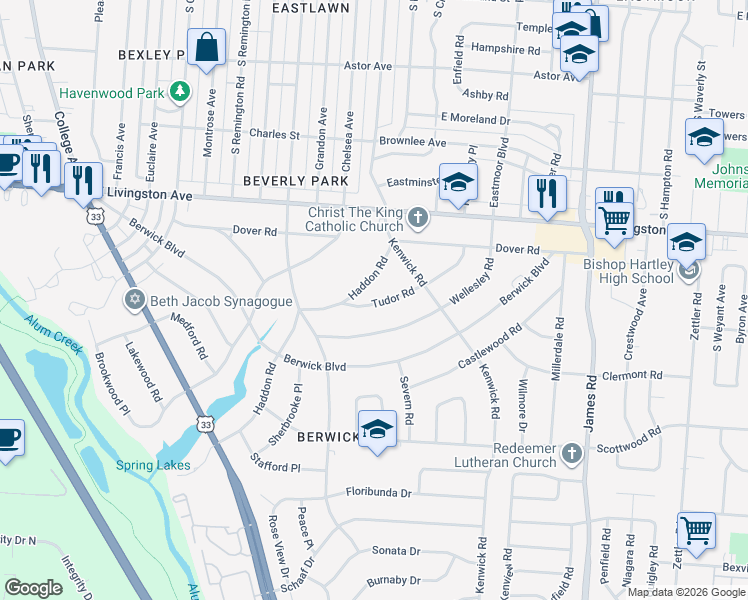 map of restaurants, bars, coffee shops, grocery stores, and more near 1222 Haddon Road in Columbus