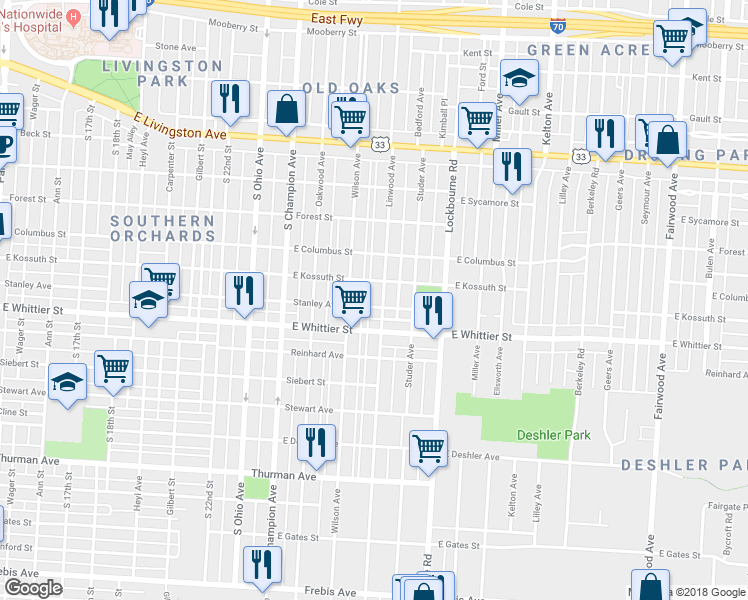 map of restaurants, bars, coffee shops, grocery stores, and more near 1019 Linwood Avenue in Columbus
