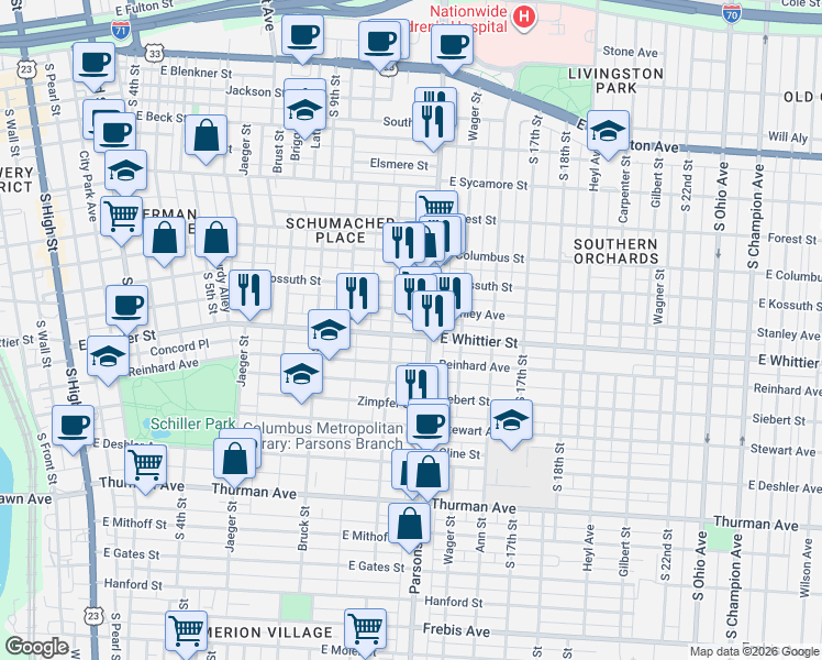 map of restaurants, bars, coffee shops, grocery stores, and more near 911 Parsons Avenue in Columbus