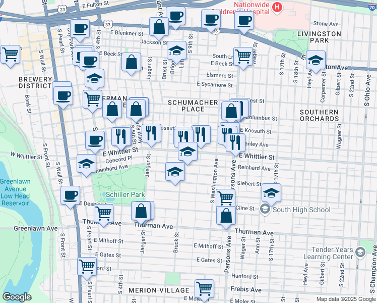 map of restaurants, bars, coffee shops, grocery stores, and more near 891 Bruck Street in Columbus