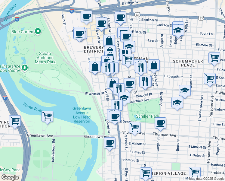 map of restaurants, bars, coffee shops, grocery stores, and more near 835 South Pearl Street in Columbus