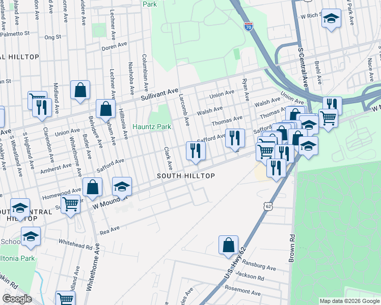 map of restaurants, bars, coffee shops, grocery stores, and more near 557 Larcomb Avenue in Columbus