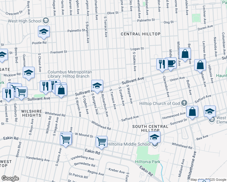map of restaurants, bars, coffee shops, grocery stores, and more near 2496 Sullivant Avenue in Columbus