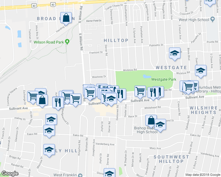 map of restaurants, bars, coffee shops, grocery stores, and more near 443 Derrer Road in Columbus