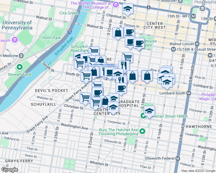 map of restaurants, bars, coffee shops, grocery stores, and more near 2109 Bainbridge Street in Philadelphia