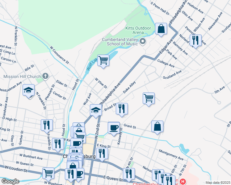 map of restaurants, bars, coffee shops, grocery stores, and more near 610 Philadelphia Avenue in Chambersburg