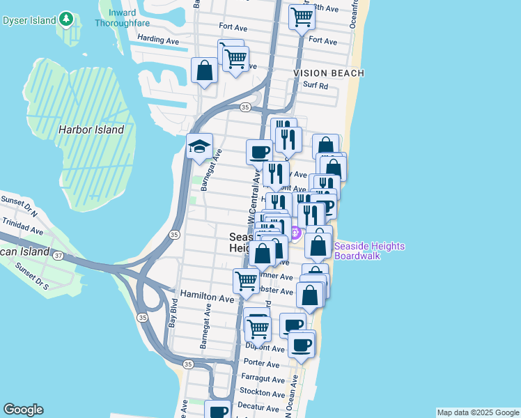 map of restaurants, bars, coffee shops, grocery stores, and more near 132 Hancock Avenue in Seaside Heights