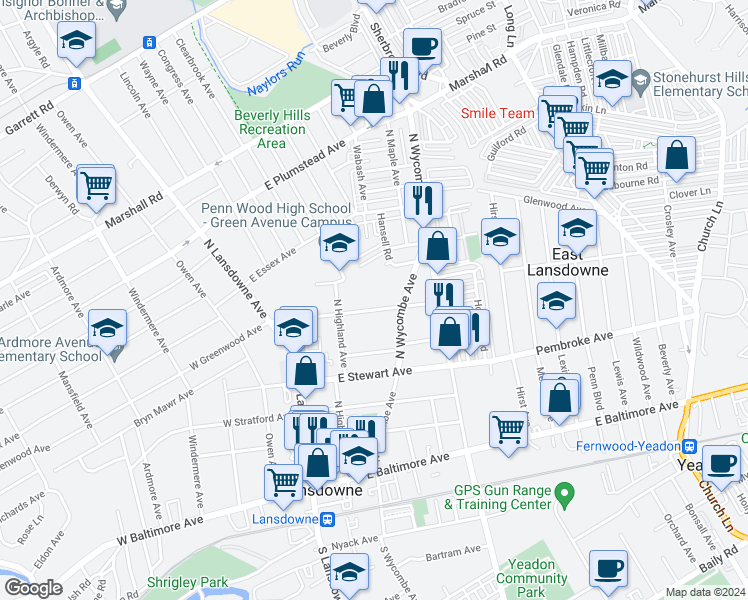map of restaurants, bars, coffee shops, grocery stores, and more near 93 East Greenwood Avenue in Lansdowne
