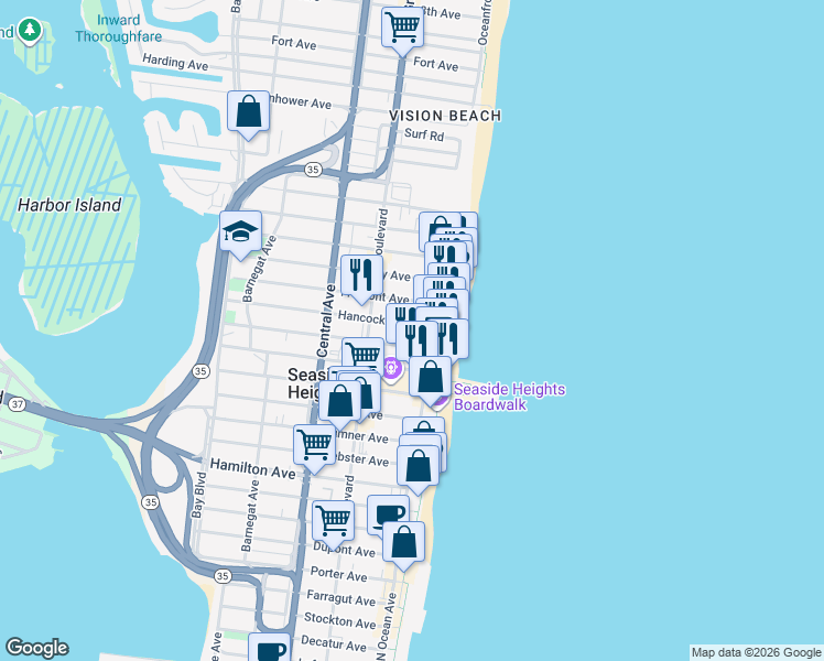map of restaurants, bars, coffee shops, grocery stores, and more near 35 Fremont Avenue in Seaside Heights