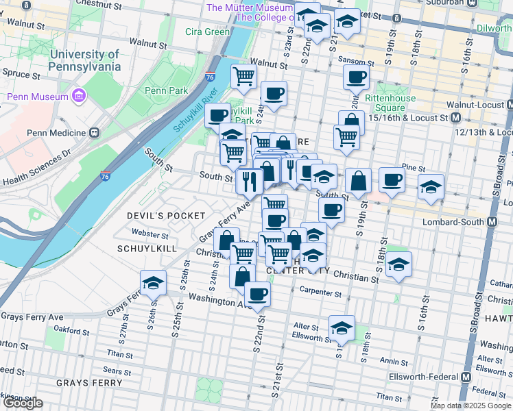 map of restaurants, bars, coffee shops, grocery stores, and more near 2248 Bainbridge Street in Philadelphia