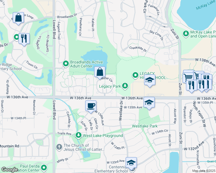 map of restaurants, bars, coffee shops, grocery stores, and more near 13630 Parkview Place in Broomfield