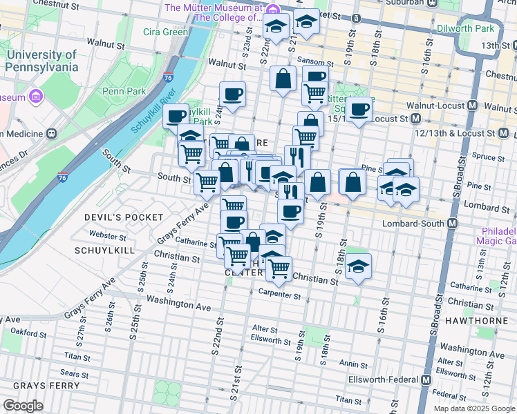 map of restaurants, bars, coffee shops, grocery stores, and more near 2109 Bainbridge Street in Philadelphia