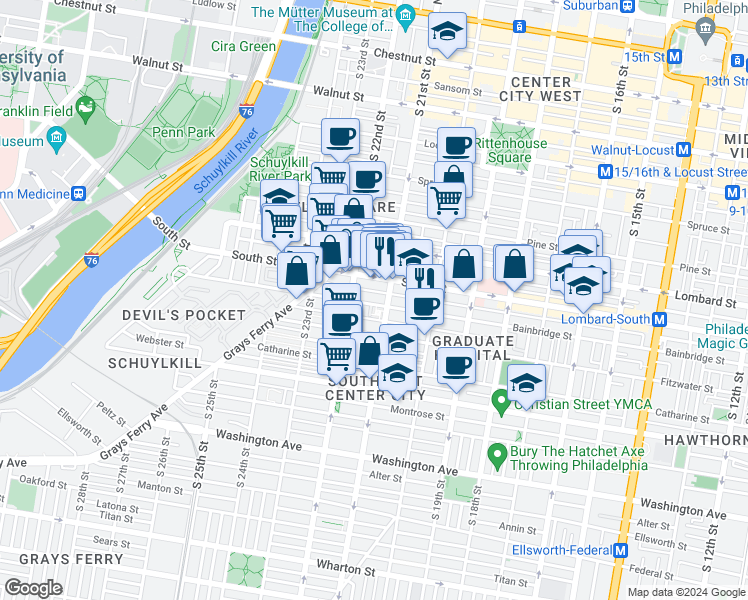 map of restaurants, bars, coffee shops, grocery stores, and more near 2115 Bainbridge Street in Philadelphia