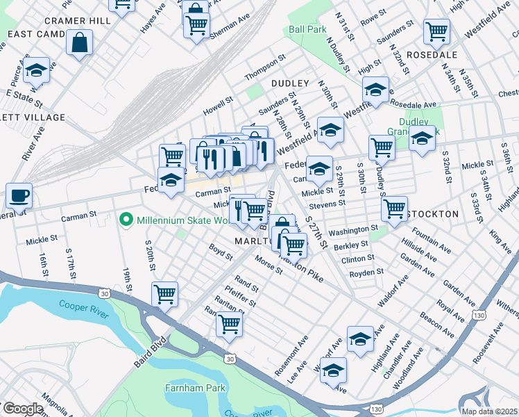 map of restaurants, bars, coffee shops, grocery stores, and more near 72 South 26th Street in Camden
