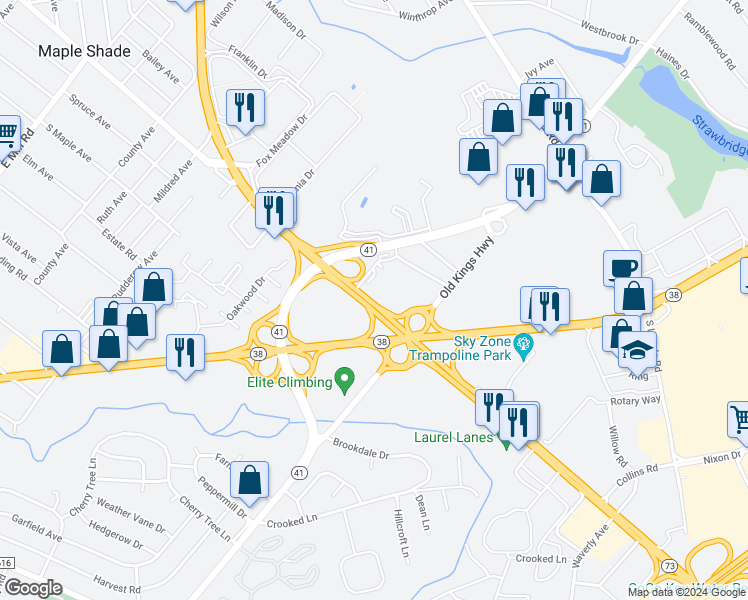 map of restaurants, bars, coffee shops, grocery stores, and more near 2868 Rte 73 in Maple Shade