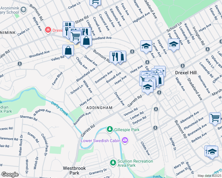 map of restaurants, bars, coffee shops, grocery stores, and more near 4100 Huey Avenue in Drexel Hill
