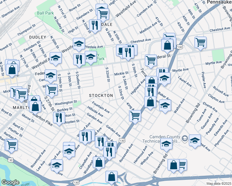 map of restaurants, bars, coffee shops, grocery stores, and more near 224 South 32nd Street in Camden