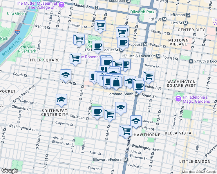 map of restaurants, bars, coffee shops, grocery stores, and more near 1632 Lombard Street in Philadelphia