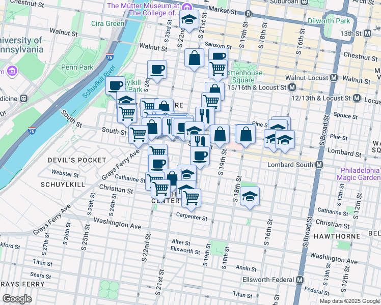 map of restaurants, bars, coffee shops, grocery stores, and more near 2032 Kater Street in Philadelphia