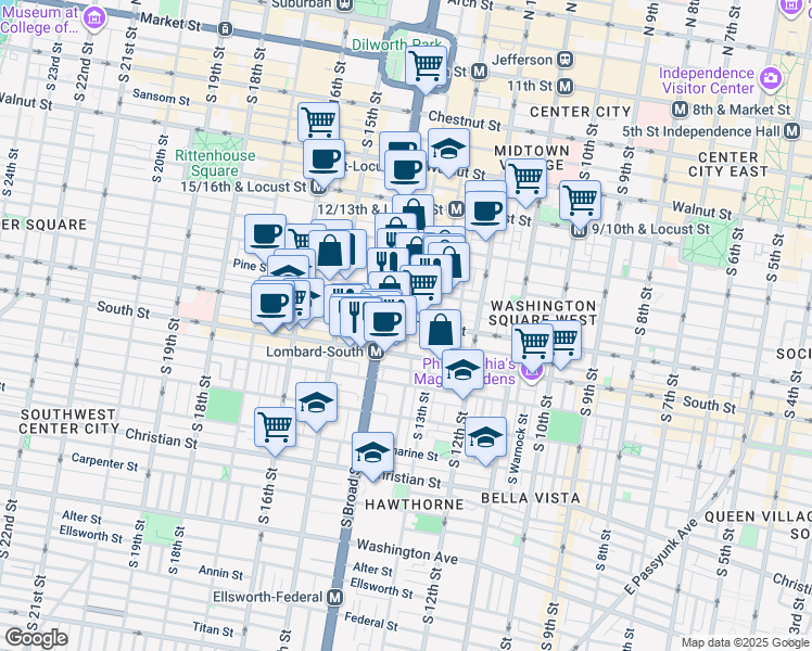 map of restaurants, bars, coffee shops, grocery stores, and more near 1332 Lombard Street in Philadelphia