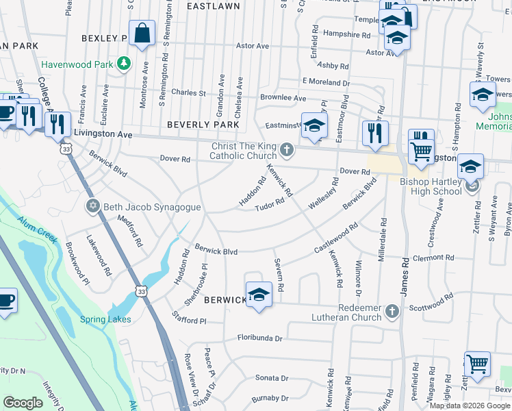 map of restaurants, bars, coffee shops, grocery stores, and more near 1222 Haddon Road in Columbus