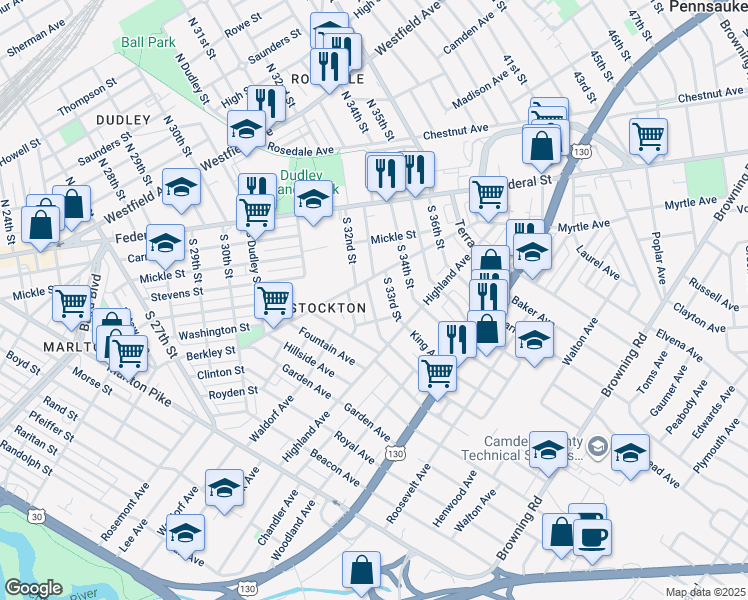 map of restaurants, bars, coffee shops, grocery stores, and more near 224 South 32nd Street in Camden