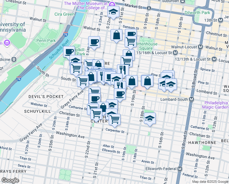 map of restaurants, bars, coffee shops, grocery stores, and more near 2032 Kater Street in Philadelphia