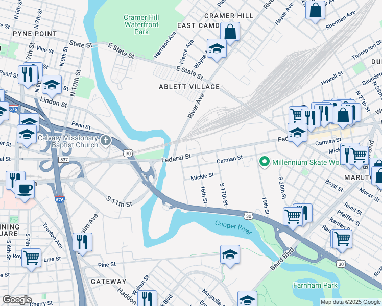 map of restaurants, bars, coffee shops, grocery stores, and more near 1525 Federal Street in Camden