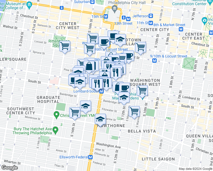 map of restaurants, bars, coffee shops, grocery stores, and more near 1342 Lombard Street in Philadelphia