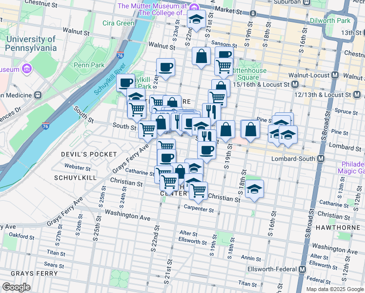 map of restaurants, bars, coffee shops, grocery stores, and more near 2115 Bainbridge Street in Philadelphia