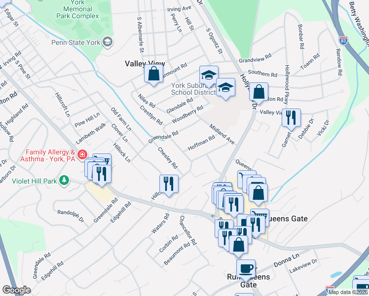 map of restaurants, bars, coffee shops, grocery stores, and more near 712 Greendale Road in York