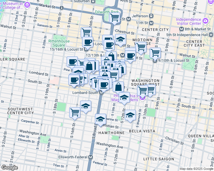map of restaurants, bars, coffee shops, grocery stores, and more near 1342 Lombard Street in Philadelphia