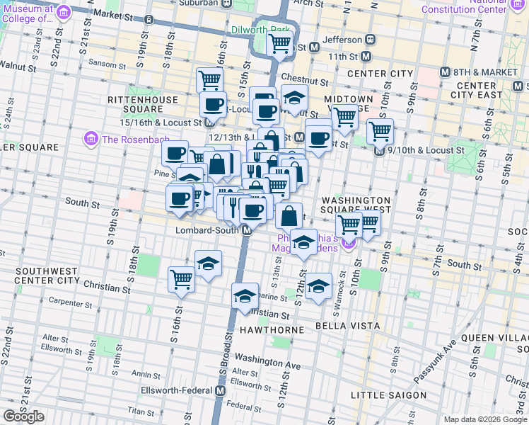 map of restaurants, bars, coffee shops, grocery stores, and more near 1334 Lombard Street in Philadelphia