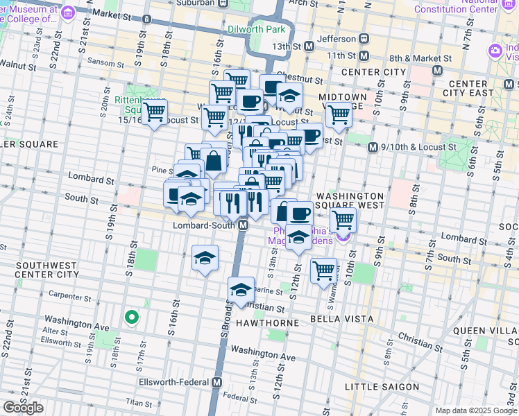 map of restaurants, bars, coffee shops, grocery stores, and more near 1338 Lombard Street in Philadelphia