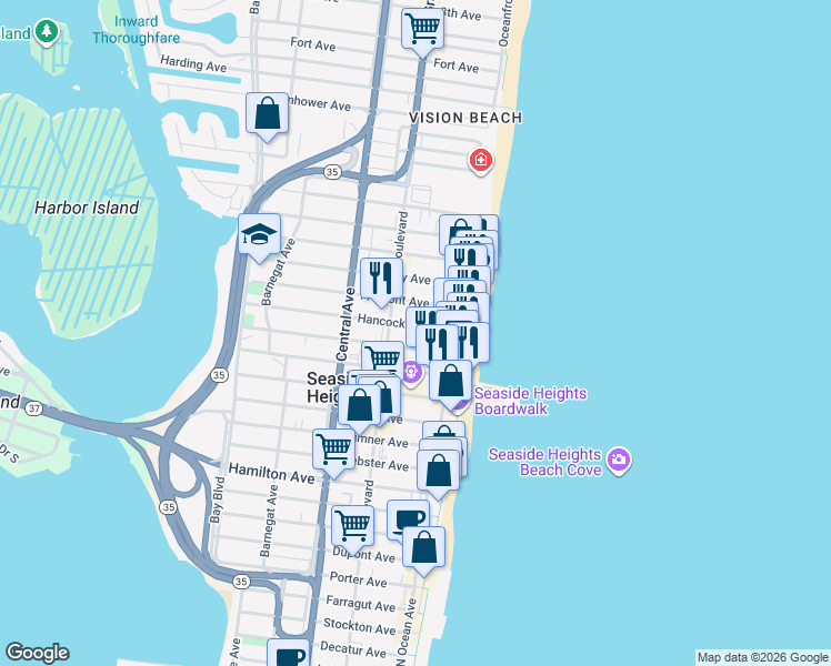 map of restaurants, bars, coffee shops, grocery stores, and more near 35 Fremont Avenue in Seaside Heights