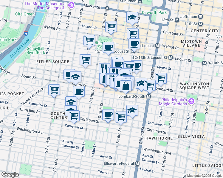 map of restaurants, bars, coffee shops, grocery stores, and more near 1715 South Street in Philadelphia