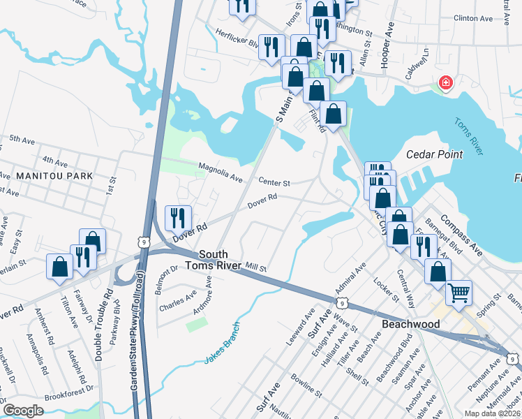 map of restaurants, bars, coffee shops, grocery stores, and more near 125 Dover Road in Toms River