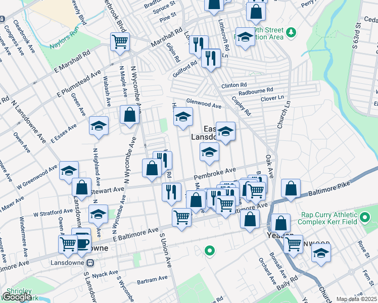 map of restaurants, bars, coffee shops, grocery stores, and more near 152 Melrose Avenue in East Lansdowne