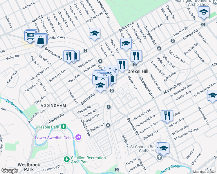 map of restaurants, bars, coffee shops, grocery stores, and more near 3708 Berry Avenue in Drexel Hill