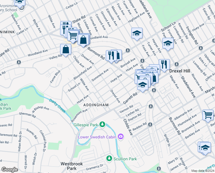 map of restaurants, bars, coffee shops, grocery stores, and more near 4100 Huey Avenue in Drexel Hill