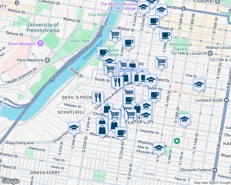 map of restaurants, bars, coffee shops, grocery stores, and more near in Philadelphia