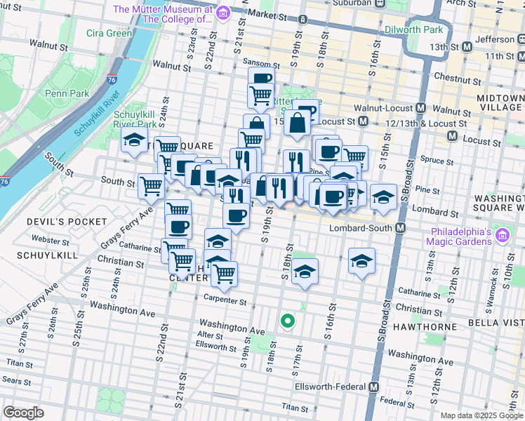 map of restaurants, bars, coffee shops, grocery stores, and more near 1910 South Street in Philadelphia